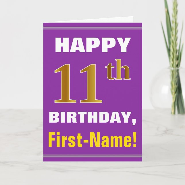 Bold, Purple, Faux Gold 11th Birthday w/ Name Card (Front)