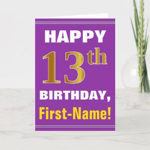 Bold, Purple, Faux Gold 13th Birthday w/ Name Card