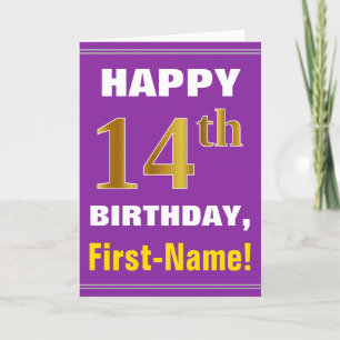 Bold, Purple, Faux Gold 14th Birthday w/ Name Card