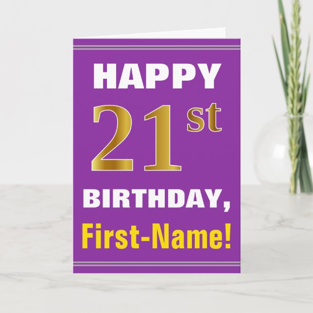 Bold, Purple, Faux Gold 21st Birthday w/ Name Card (Front)