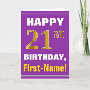 Bold, Purple, Faux Gold 21st Birthday w/ Name Card