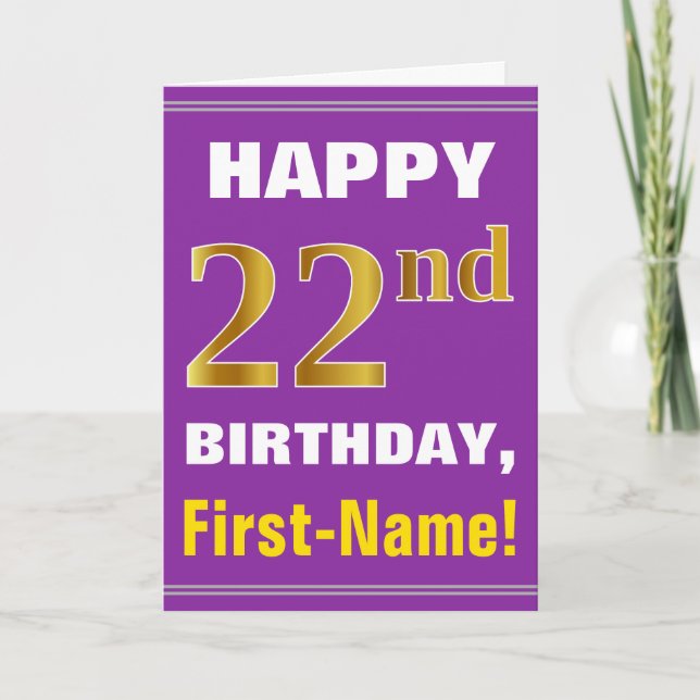 Bold, Purple, Faux Gold 22nd Birthday w/ Name Card (Front)