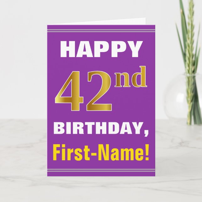 Bold, Purple, Faux Gold 42nd Birthday w/ Name Card (Front)