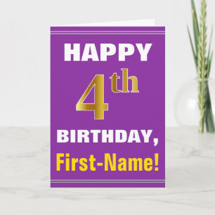 Bold, Purple, Faux Gold 4th Birthday w/ Name Card