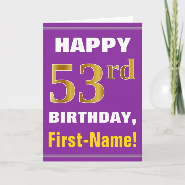 Bold, Purple, Faux Gold 53rd Birthday w/ Name Card (Front)