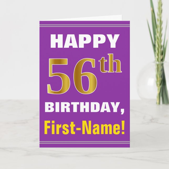 Bold, Purple, Faux Gold 56th Birthday w/ Name Card (Front)