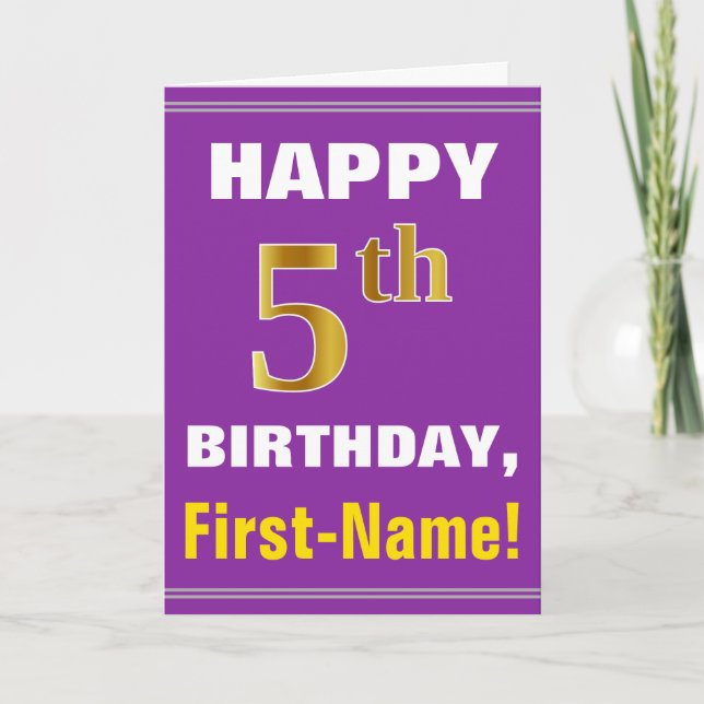 Bold, Purple, Faux Gold 5th Birthday w/ Name Card (Front)