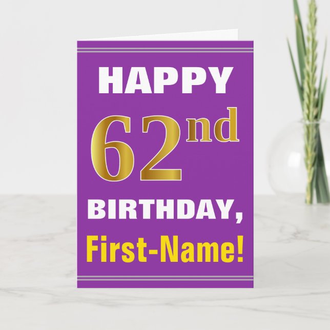 Bold, Purple, Faux Gold 62nd Birthday w/ Name Card (Front)