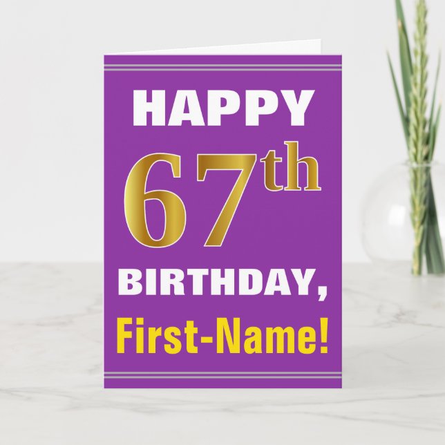 Bold, Purple, Faux Gold 67th Birthday w/ Name Card (Front)