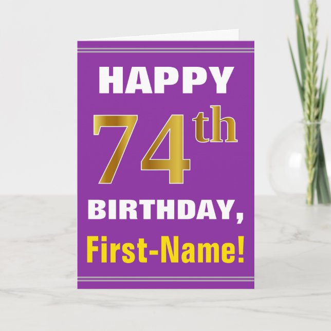 Bold, Purple, Faux Gold 74th Birthday w/ Name Card (Front)