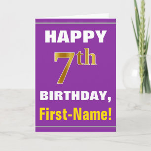Bold, Purple, Faux Gold 7th Birthday w/ Name Card