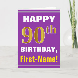 Bold, Purple, Faux Gold 90th Birthday w/ Name Card