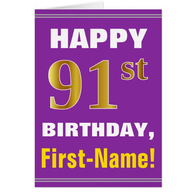 Bold, Purple, Faux Gold 91st Birthday w/ Name Card (Front)