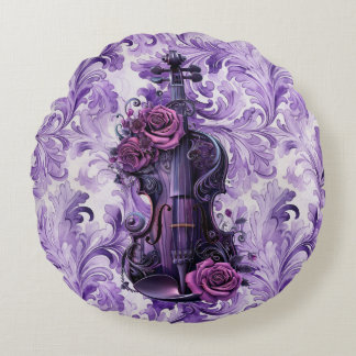   Bold Purple Floral  Violin Round Pillow