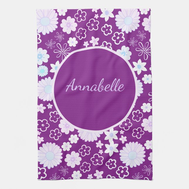 Bold Purple Flowers Floral Pattern Named Kitchen Towel (Vertical)