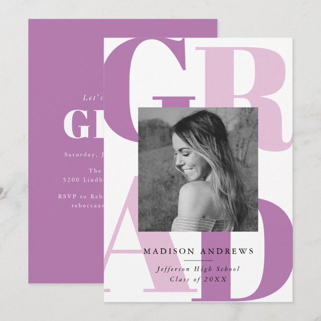 Bold Purple Grad Typography Photo Graduation Party Invitation (Front/Back)