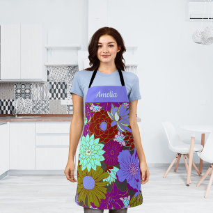Bold purple green floral pattern and custom name apron