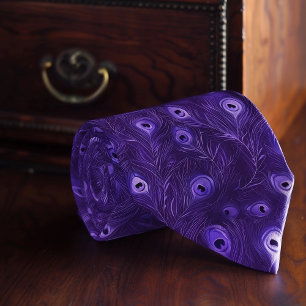 Bold Purple Necktie With Stylized Peacock Feathers