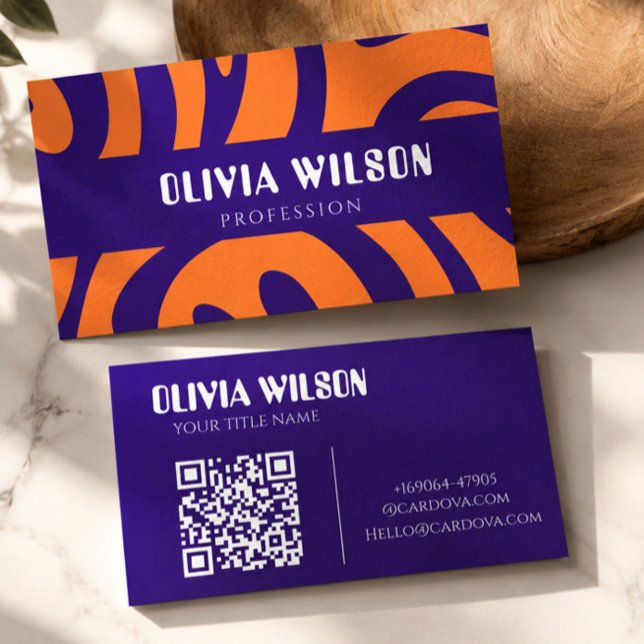 Bold Purple & Orange Abstract QR Code Business Card (Creator Uploaded)