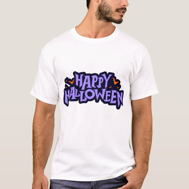 Bold Purple & Orange Happy Halloween Bats Graphic T-Shirt (Front)