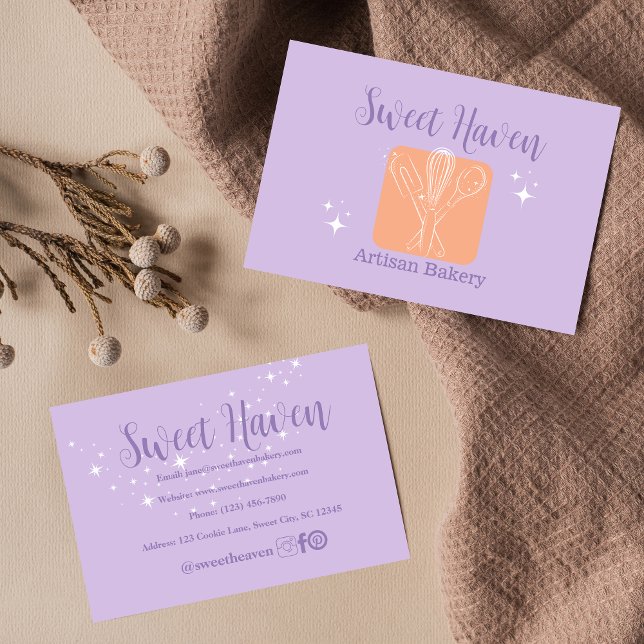 Bold Purple Orange Stars Cooking Utensil Bakery Business Card (Creator Uploaded)
