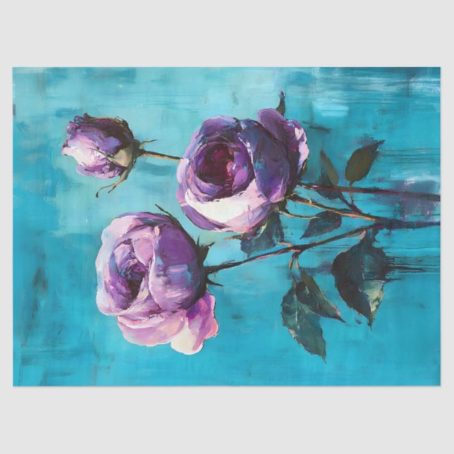 Bold Purple Roses on Blue Decoupage Tissue Paper (Front)