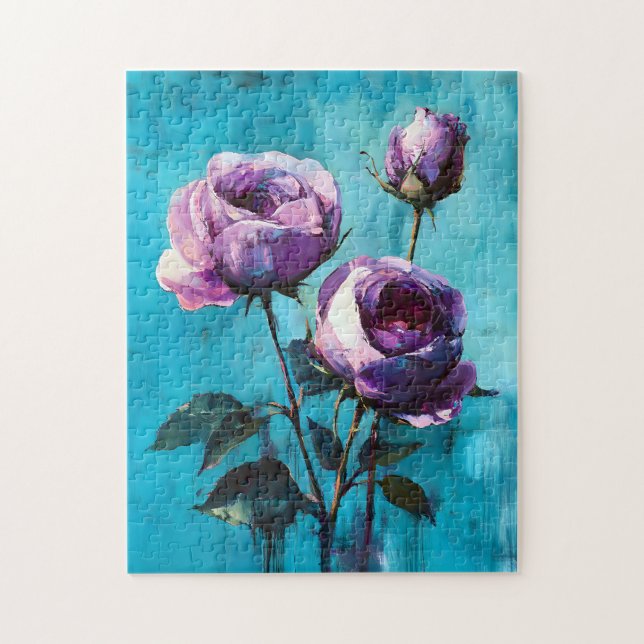 Bold Purple Roses on Blue Jigsaw Puzzle (Vertical)