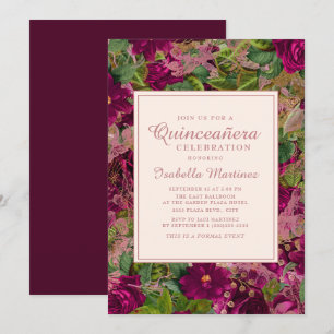 Bold Purple Wine Lacy Pink Floral Quinceañera Invitation