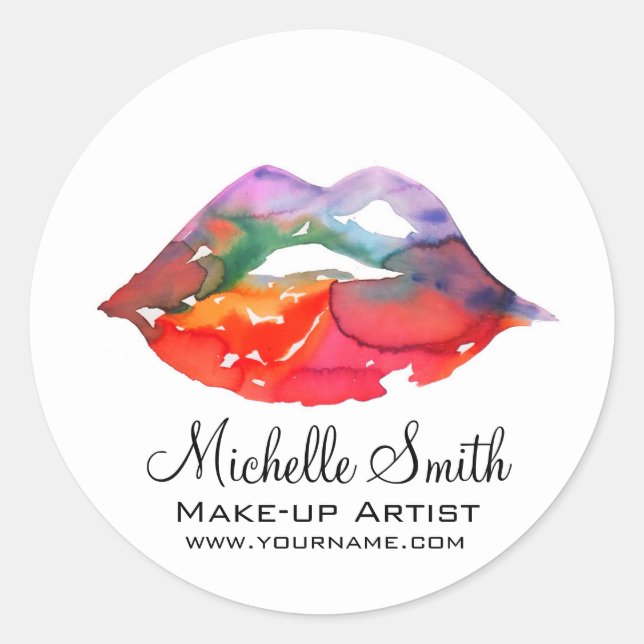 Bold Rainbow Lips Watercolor Drawing Beauty Makeup Classic Round Sticker (Front)