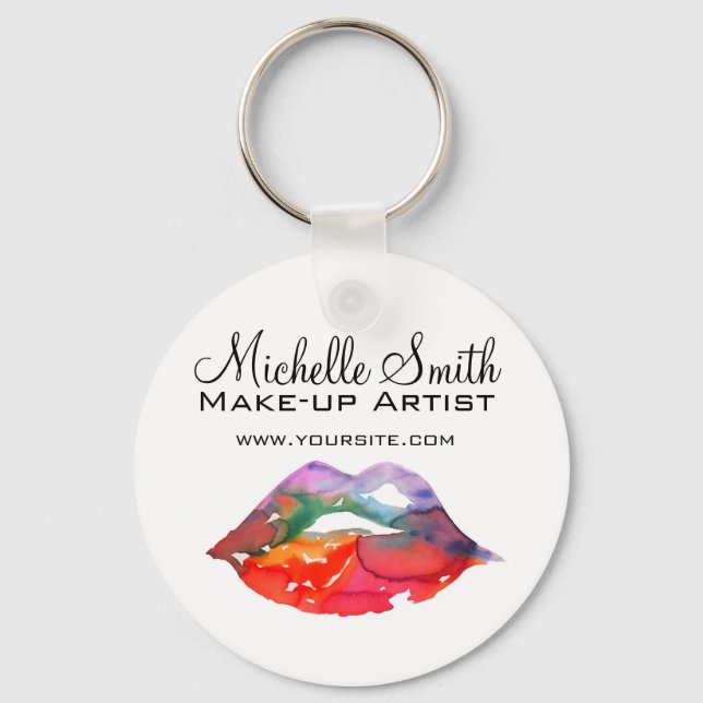 Bold Rainbow Lips Watercolor Drawing Beauty Makeup Keychain (Front)