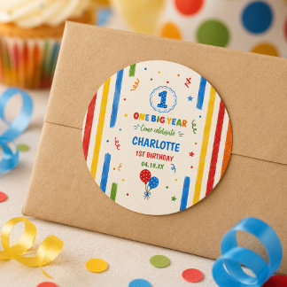 Bold Rainbow One Big Year 1st Birthday party Classic Round Sticker