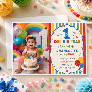 Bold Rainbow One Big Year 1st Birthday party Invitation