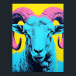 Bold Ram: Neon Pop Art Poster<br><div class="desc">This striking ram portrait fuses neon tones and pop art aesthetics to create a captivating centerpiece. With its bright blue, pink, and yellow palette, this artwork radiates confidence and modern sophistication. Perfect for those who love unique animal-inspired decor with a contemporary twist.</div>