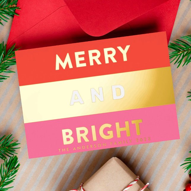 Bold Real Gold Modern Stripes MERRY AND BRIGHT Foil Holiday Card (Creator Uploaded)