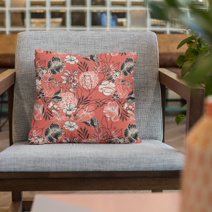 Bold Red and Black Floral Pattern Throw Pillow