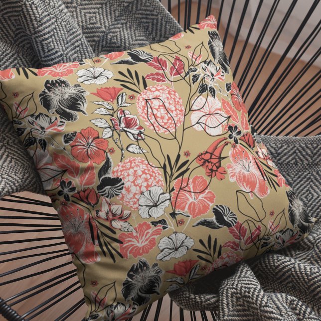 Bold Red and Black Floral Pattern Throw Pillow (Bold Red and Black Floral Pillow on Trendy Gold Background. Modern Hand Drawn Tropical Flowers.)
