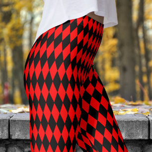 Bold Red and Black Harlequin Check Pattern Leggings