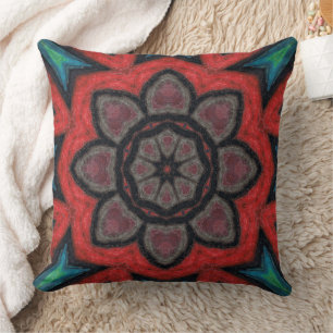 Bold Red and Black Kaleidoscope Flower Mandala Throw Pillow