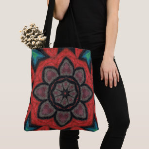 Bold Red and Black Kaleidoscope Flower Mandala Tote Bag