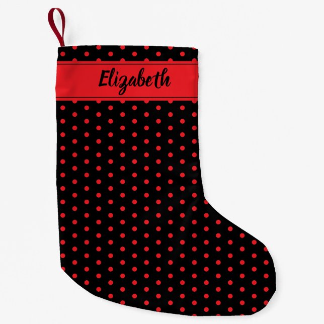 Bold Red and Black Polka Dots Personalized Custom Small Christmas Stocking (Front)