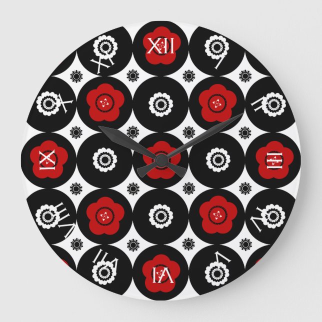 Bold Red and Black Trendy Mod Circles Large Clock (Front)