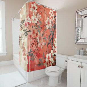 Bold Red and Cream Sakura Shower Curtain