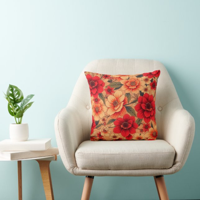 Bold Red and Peach Floral Accent Pillow (Chair)
