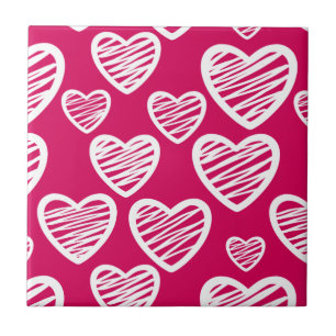 Bold Red and White Scribble Heart Pattern  Tile