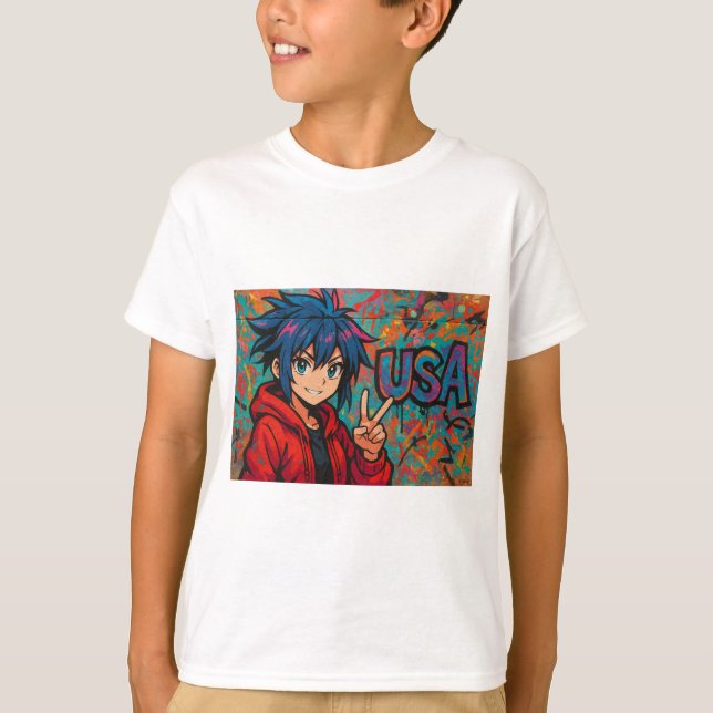 Bold Red Anime USA Graphic T-Shirt (Front)