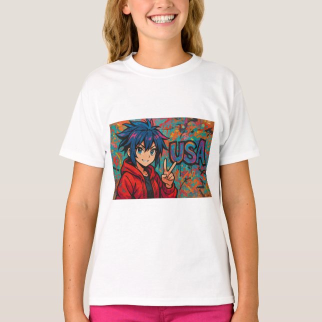 Bold Red Anime USA Graphic T-Shirt (Front)
