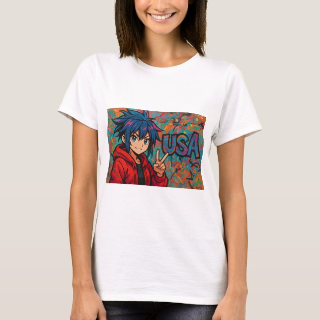 Bold Red Anime USA Graphic T-Shirt (Front)
