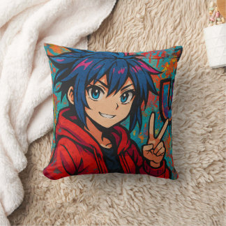 Bold Red Anime USA Graphic T-Shirt Throw Pillow