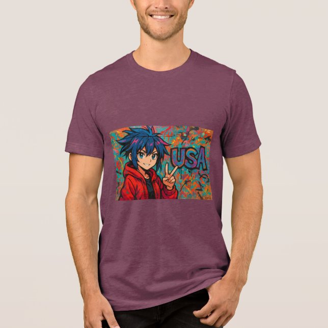 Bold Red Anime USA Graphic T-Shirt Tri-Blend Shirt (Front)