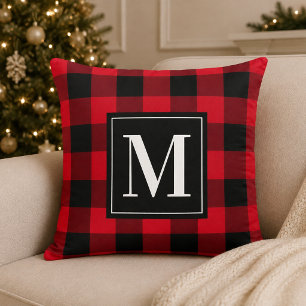 Bold Red Black Buffalo Plaid Monogram Christmas Throw Pillow